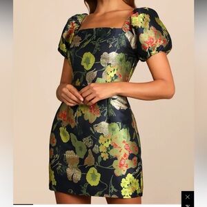 Lulu's Floral Mini Dress in Navy and Gold